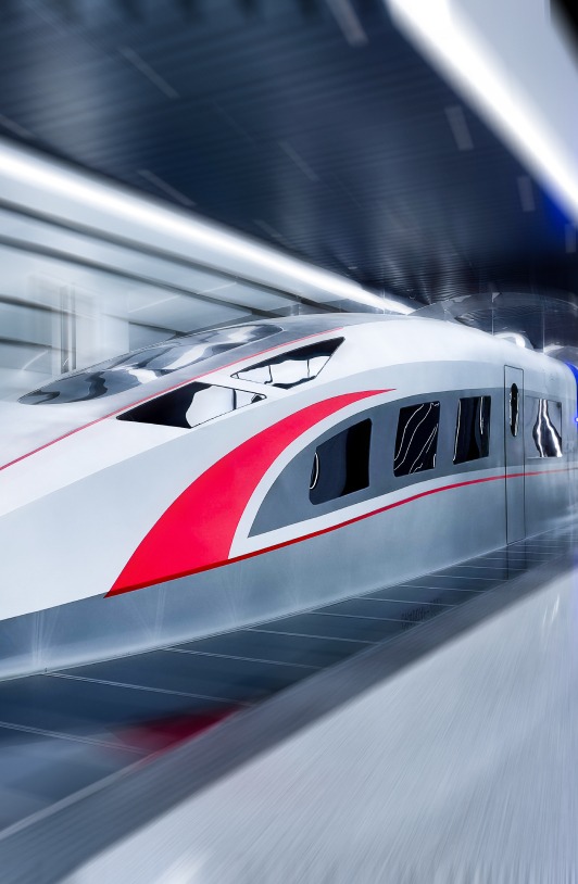 A sleek, modern high-speed train with a silver body and red accents.